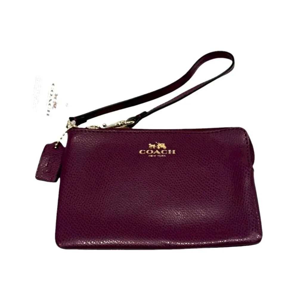 Coach Women's Plum Pebble Leather Wristlet Bag Gold Logo Strap NWT